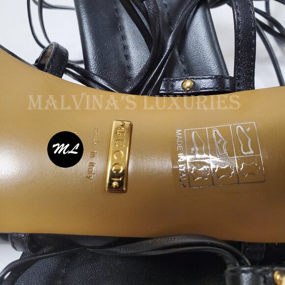 GUCCI SHOES INTERLOCKING G LOGO ANKLE TIE STRAPPY BLACK SANDALS sz 39.5 9.5 - Picture 14 of 15